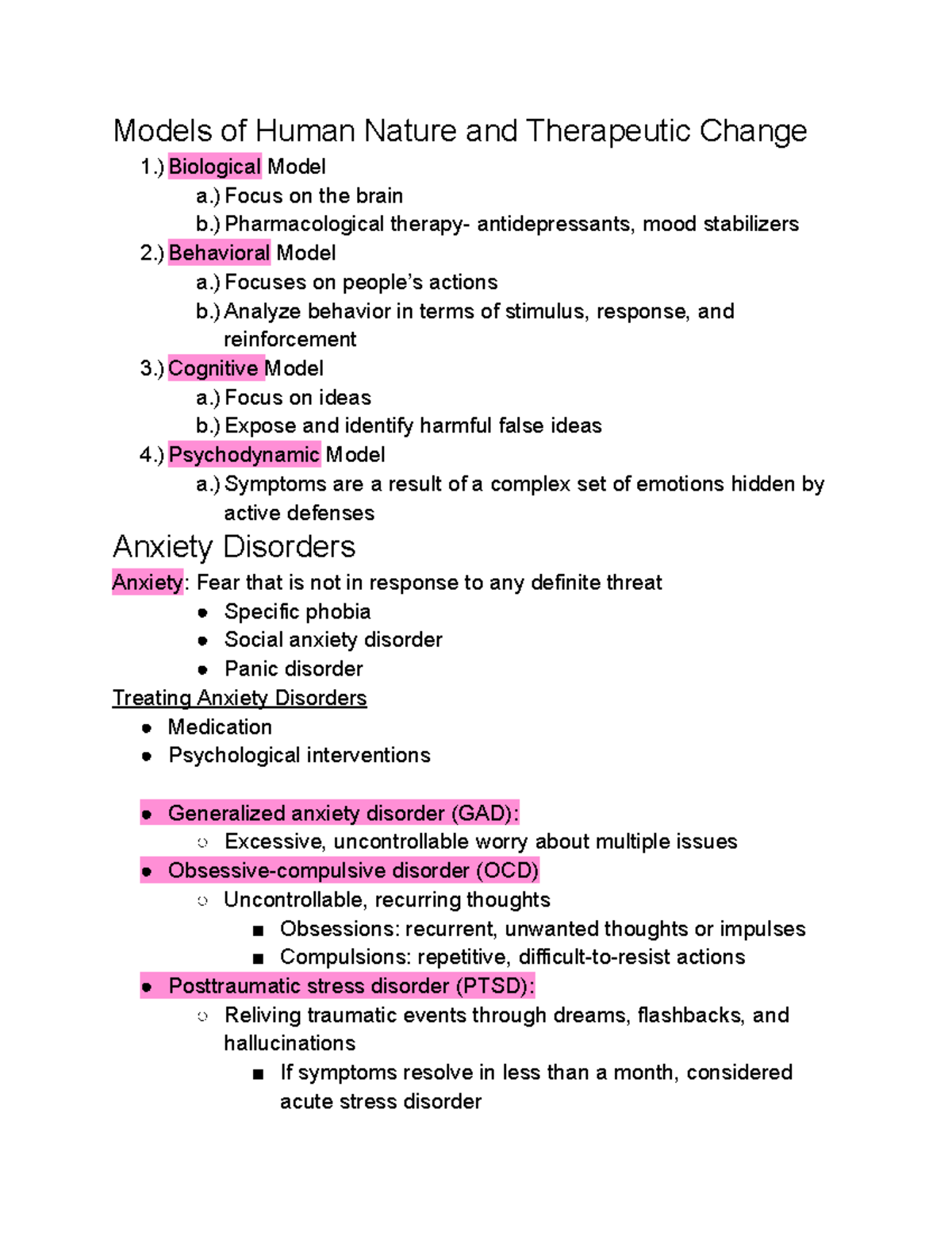 Lecture Notes on Models of Human Nature & Mental Disorders (PSY 101 ...