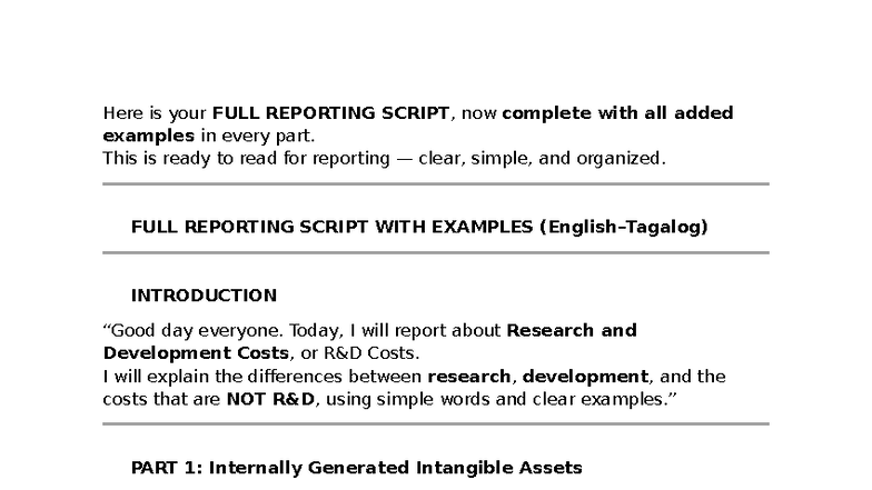 FULL REPORTING SCRIPT ON R&D COSTS WITH EXAMPLES - Studocu