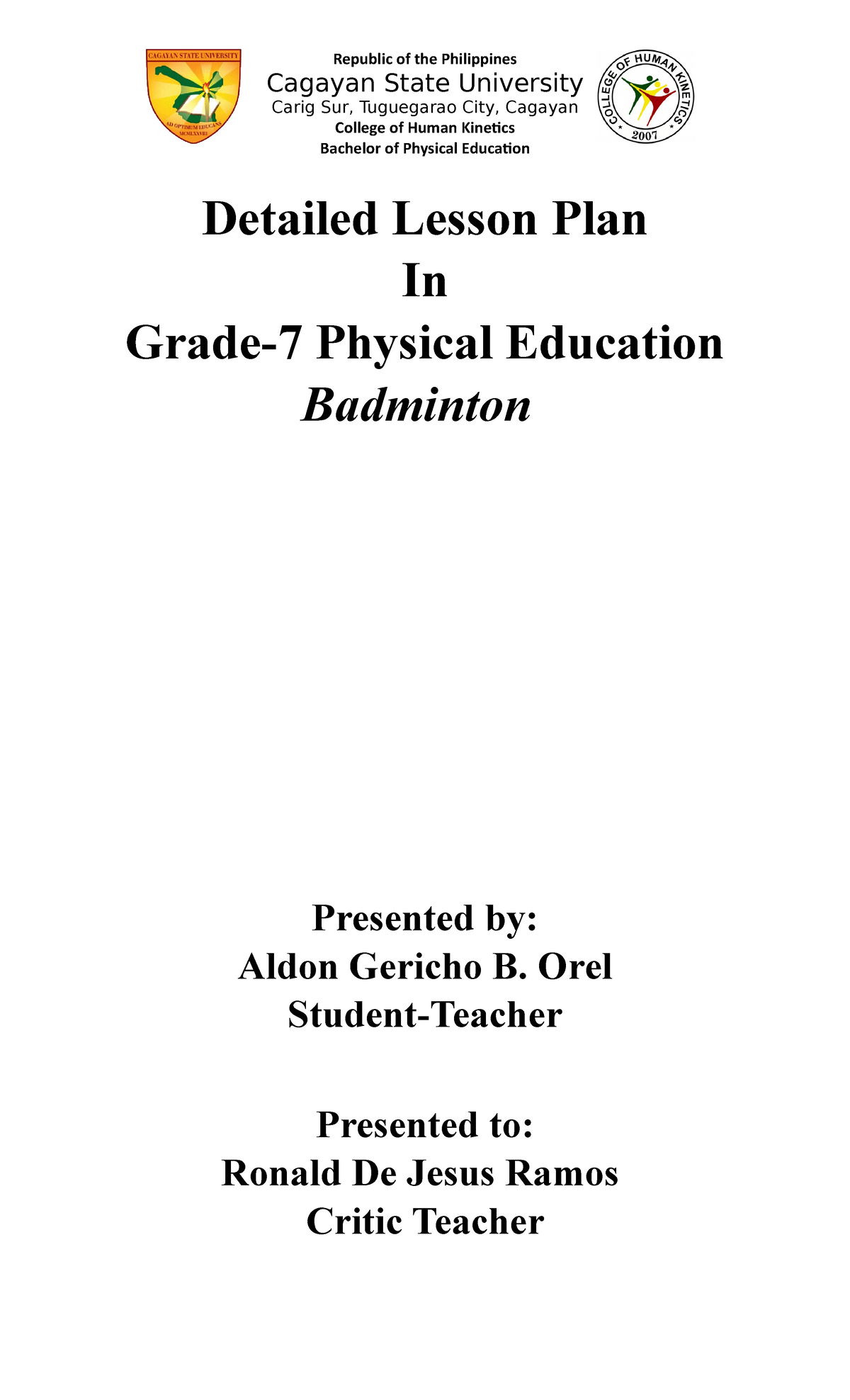 PE 7 - Detailed Lesson Plan for Badminton Skills in Grade 7 - Studocu