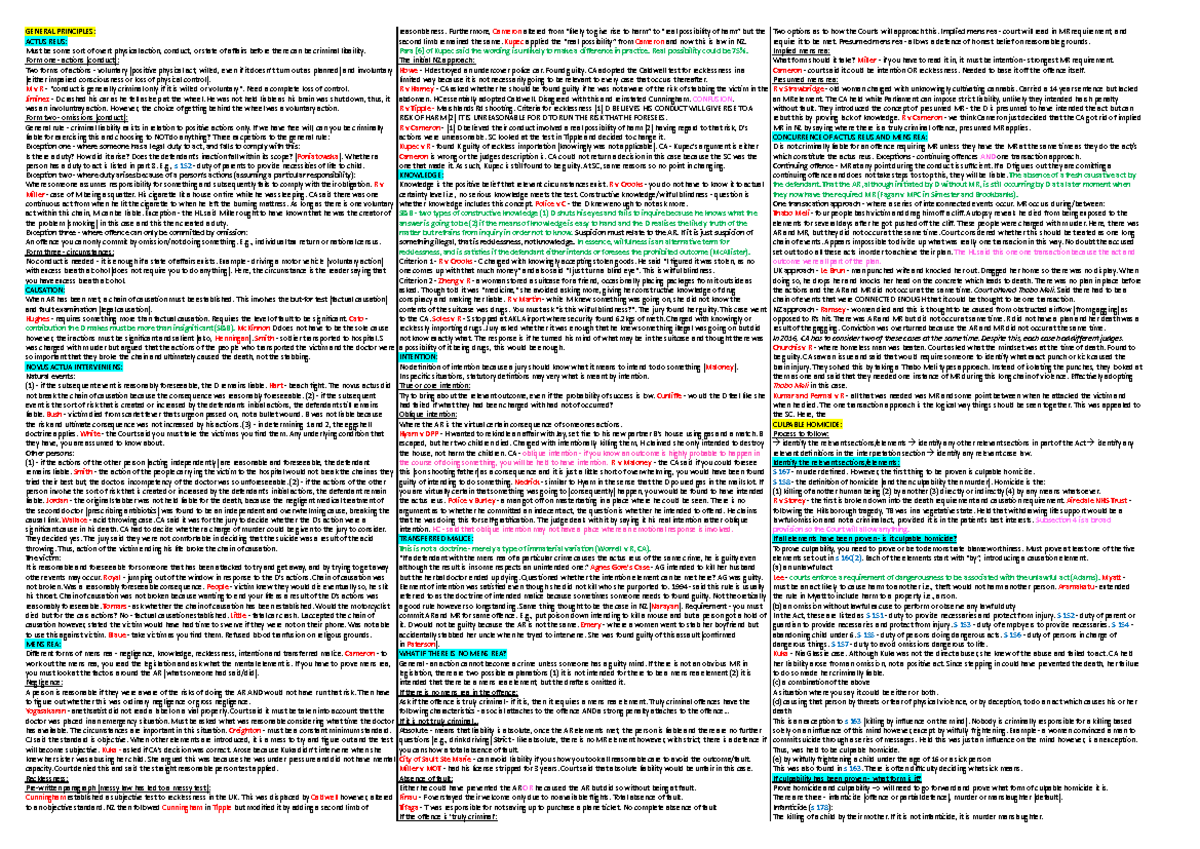 GENERAL PRINCIPLES OF MENS REA AND ACTUS REUS: Cheat Sheet for LAW 202 ...