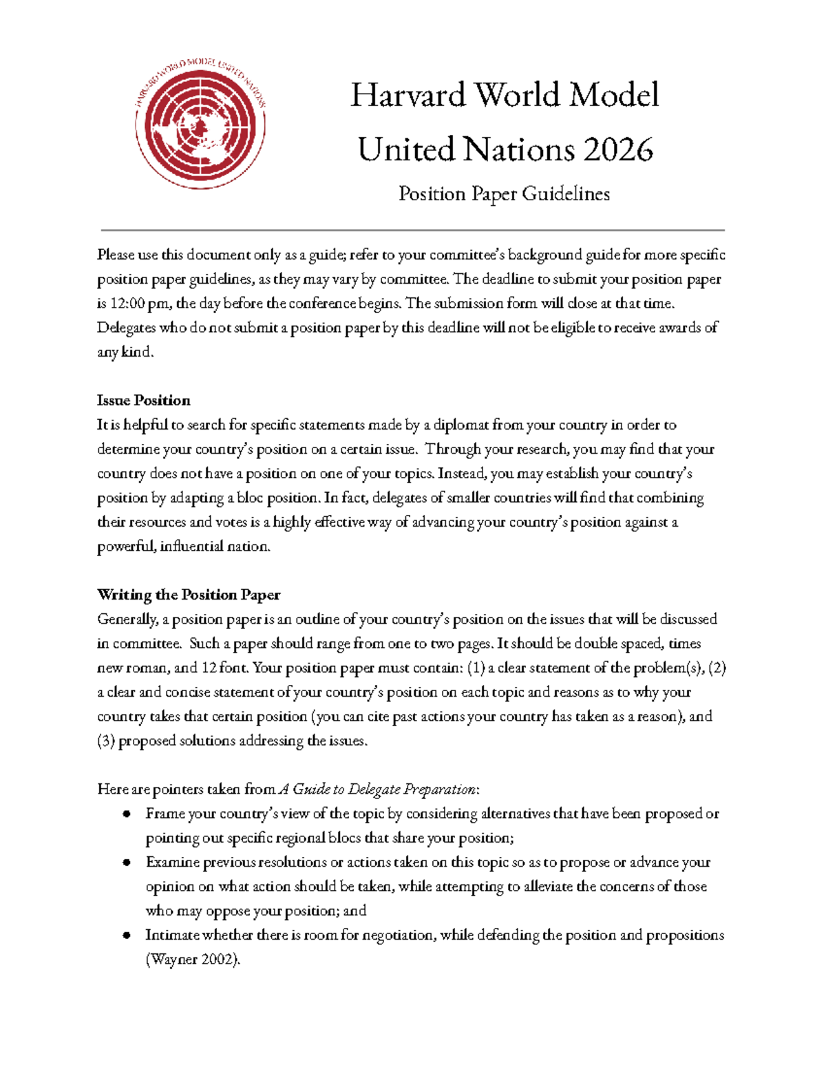 Harvard WMUN 2026 Position Paper Guidelines for Delegates - Studocu