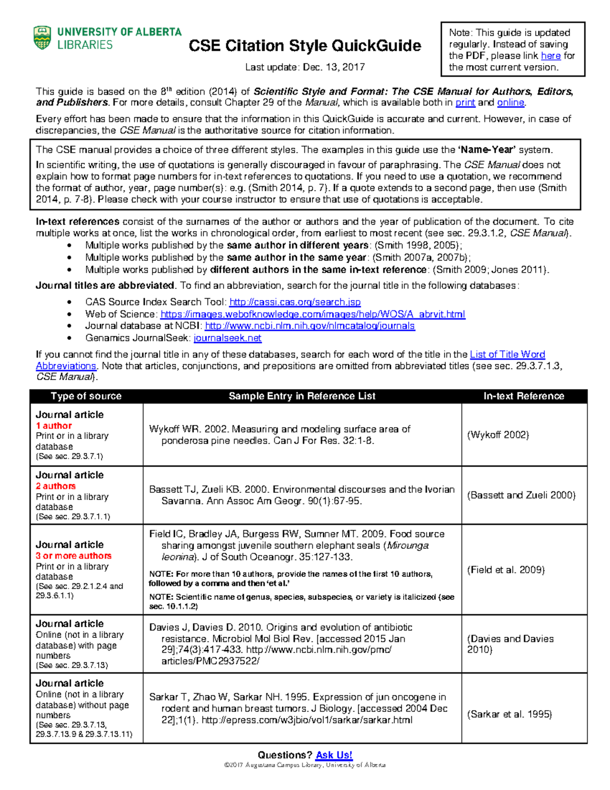 CSE Citation Guide - Questions? Ask Us! Note: This guide is updated ...