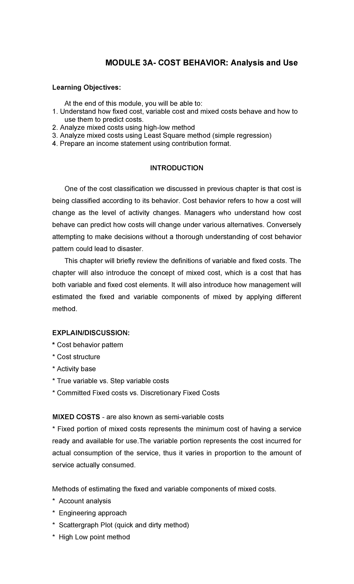 Module 3: Cost Behavior Analysis and Use - Key Concepts and Methods ...