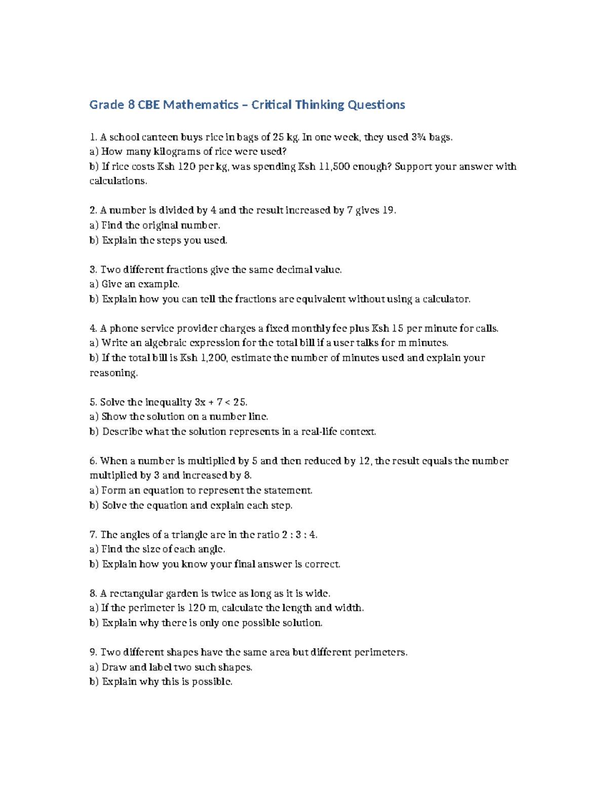 Grade 8 CBE Maths Critical Thinking Questions and Solutions - Studocu