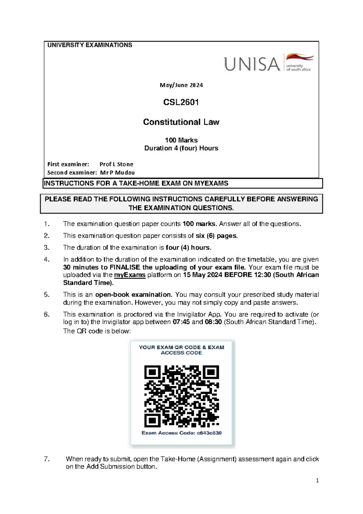 CSL2601 May 2024 Take-Home Exam Guidelines and Constitutional Insights ...