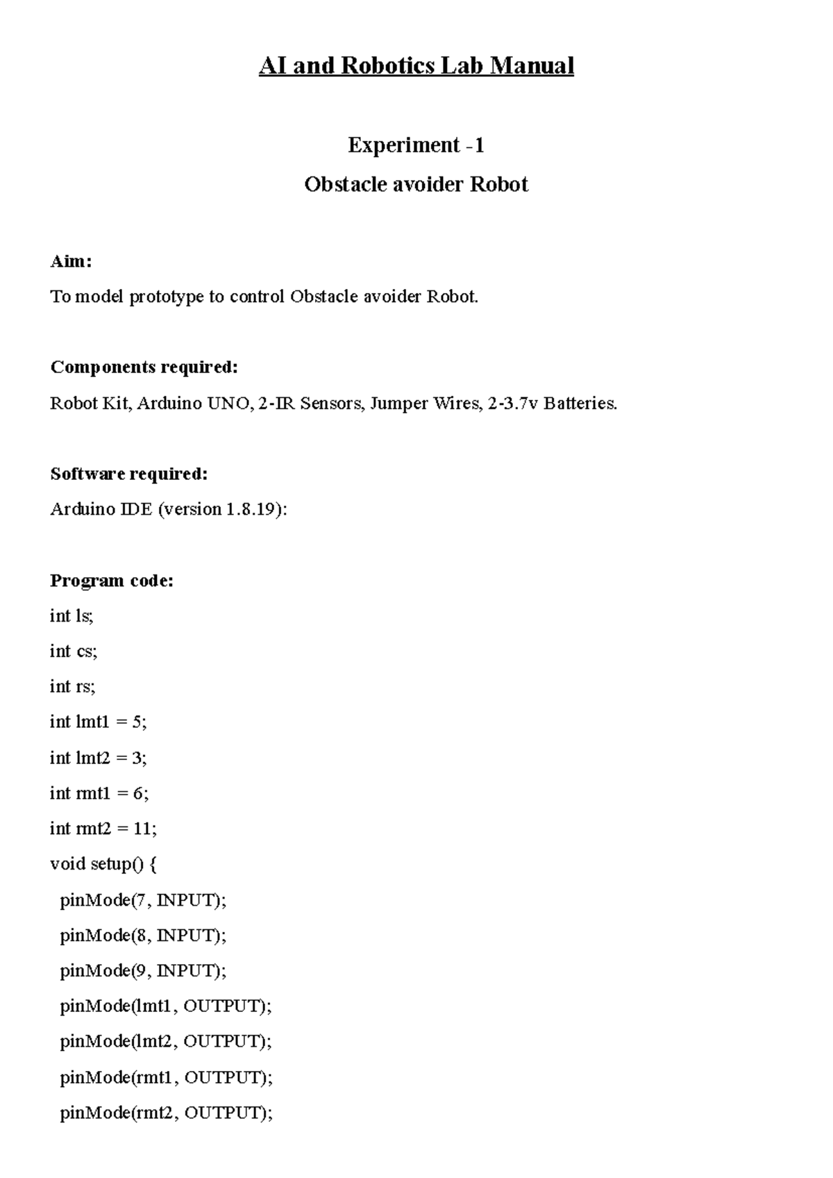 AI and Robotics Lab Manual - AI and Robotics Lab Manual Experiment ...
