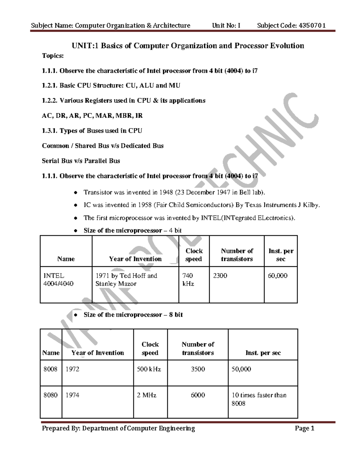 Unit 1: Basics of Computer Organization & Processor Evolution (4350701 ...