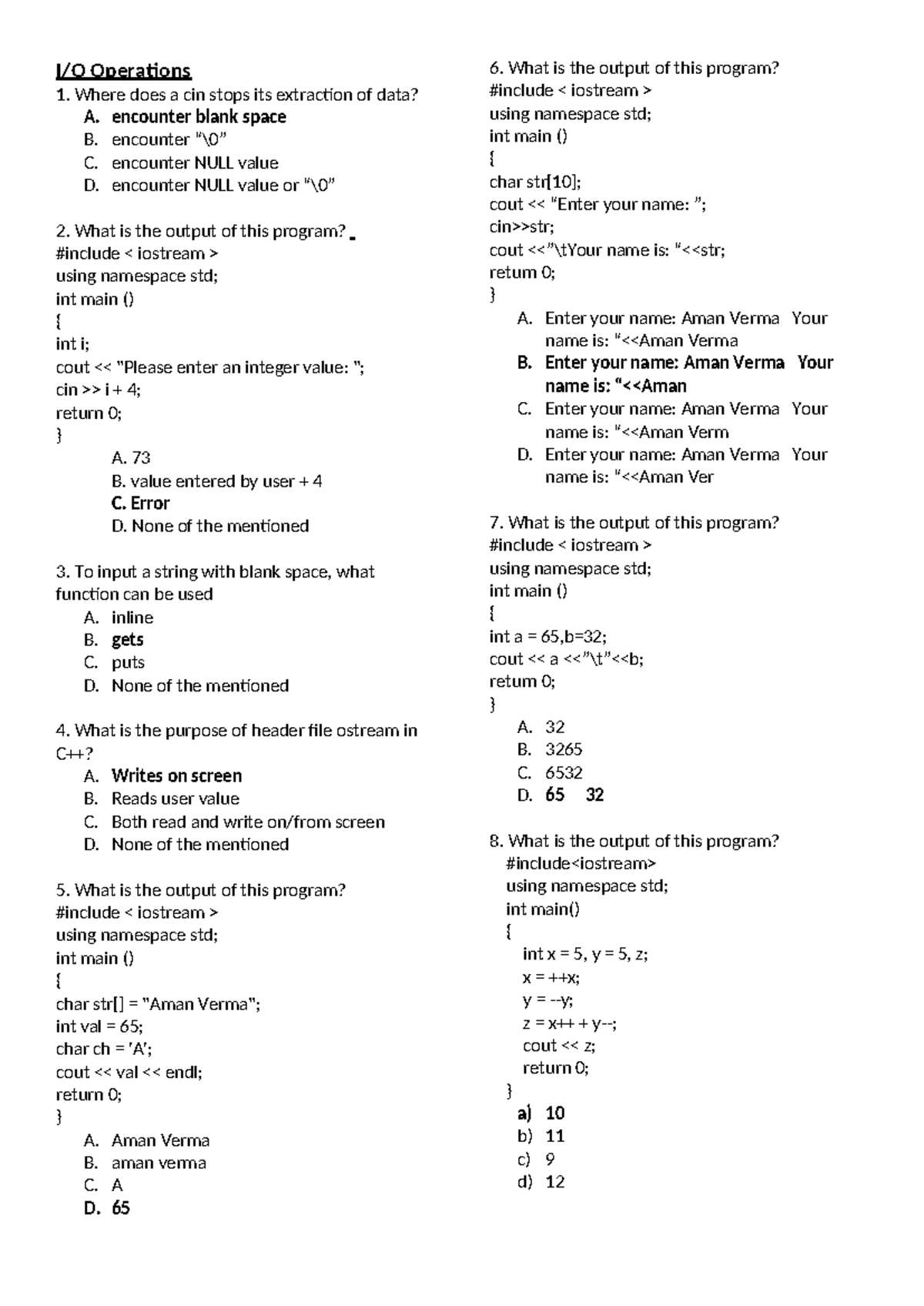 C++ I-O Stream Operations 1.1 - Quiz and Practice Questions - Studocu
