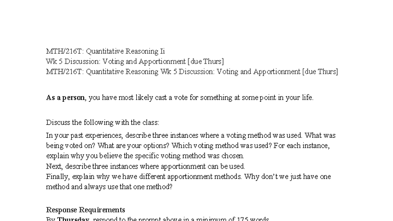 MTH 216 T Quantitative Reasoning II Wk 5 Discussion: Voting ...