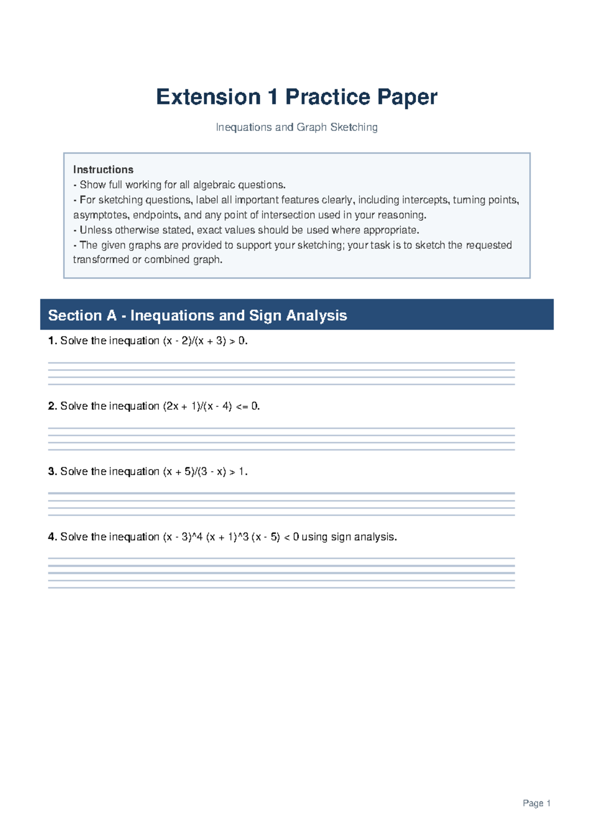 Extension 1 Practice Paper: Graphing Inequations & Sketching - Studocu