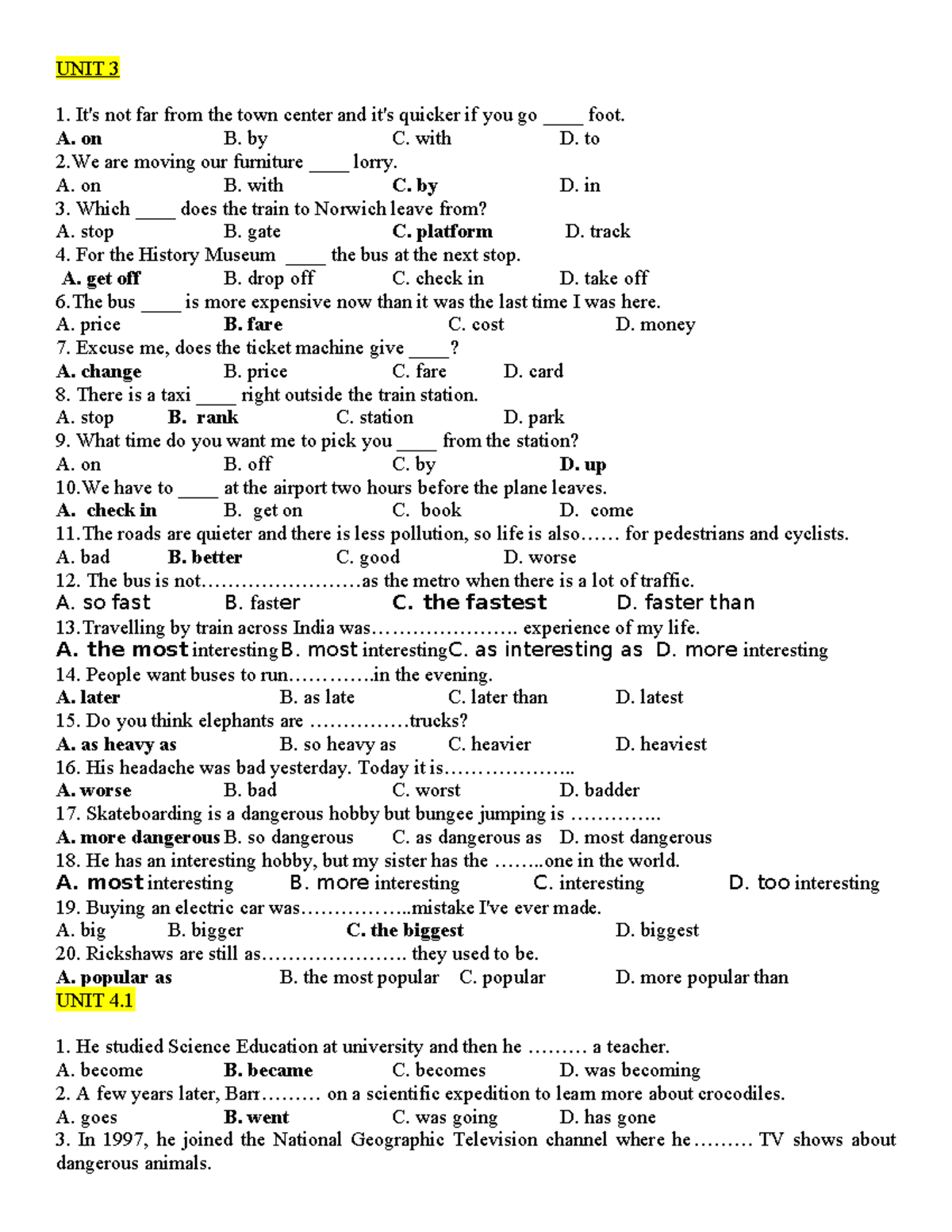 UNIT 3 & 4 VOCABULARY AND GRAMMAR EXERCISES - Studocu