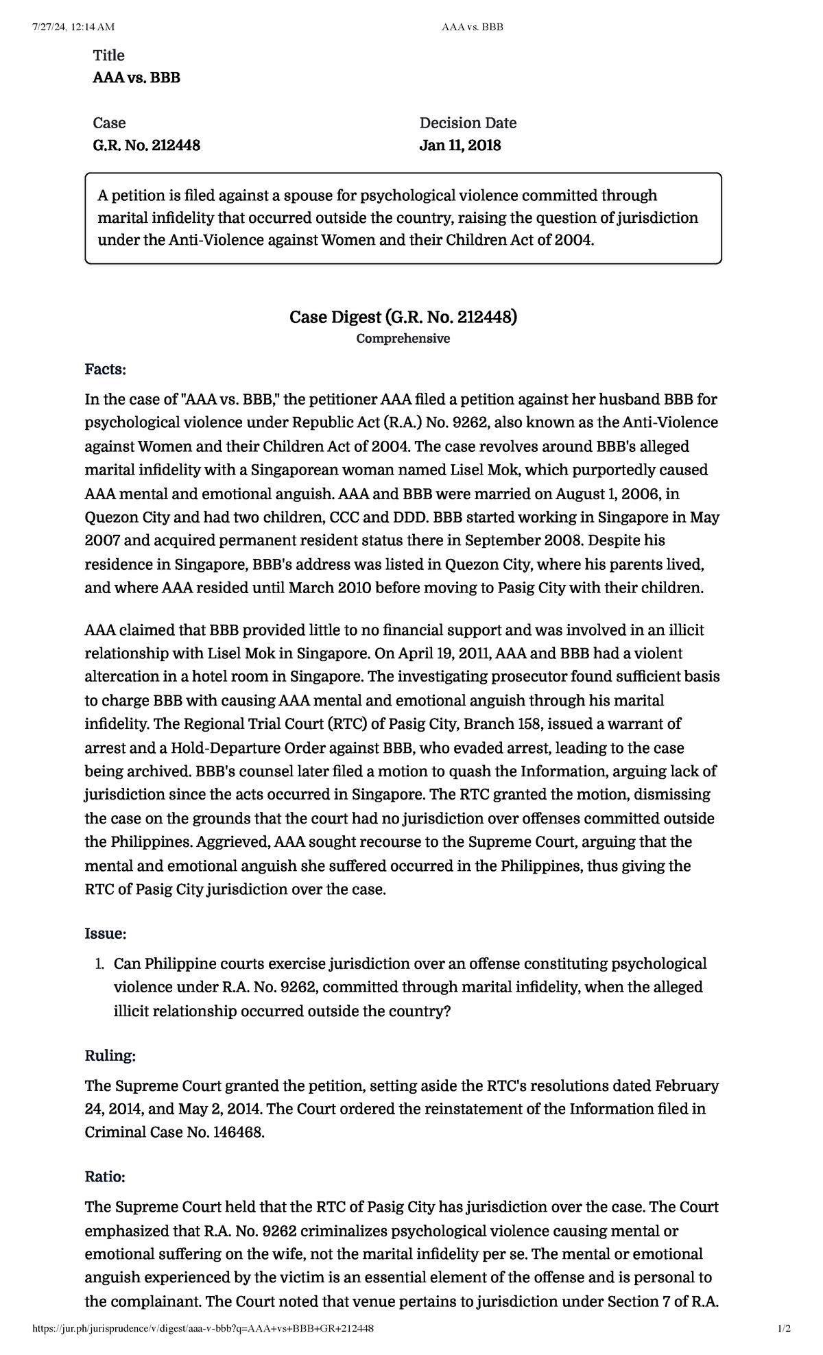AAA vs. BBB Case Summary (G.R. No. 212448) - Juris Doctor - Studocu