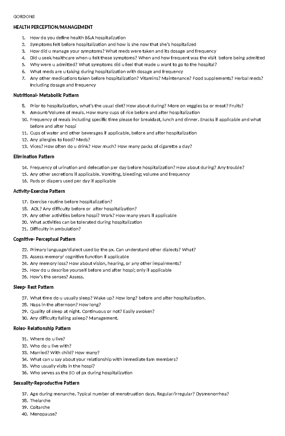 Gordon's Health Assessment Questionnaire for Hospitalization Analysis ...