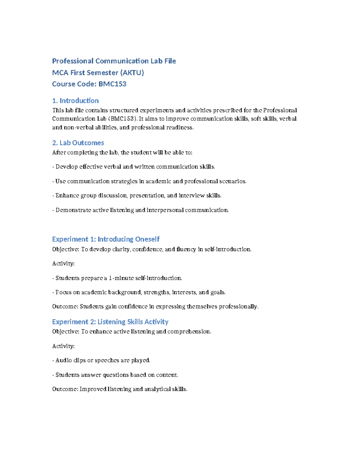 Professional Communication Lab File BMC153 - First Semester Guide - Studocu