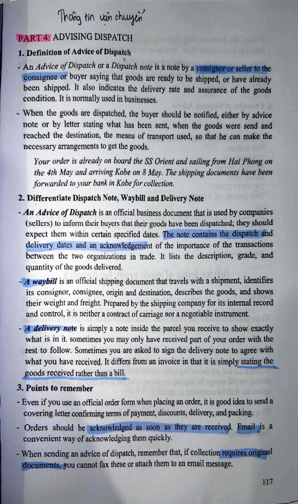 PART 4: ADVICE OF DISPATCH - Definition & Key Points - Studocu