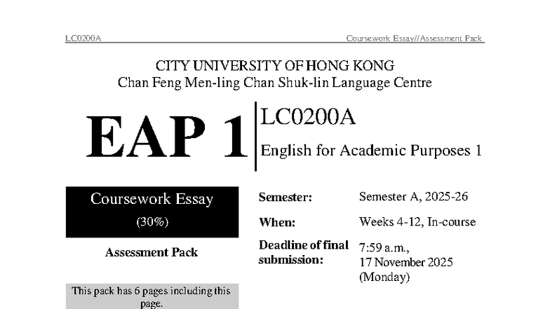 EAP1 (LC0200A) Argumentative Essay Assessment Pack - Sem A 2025-26 ...