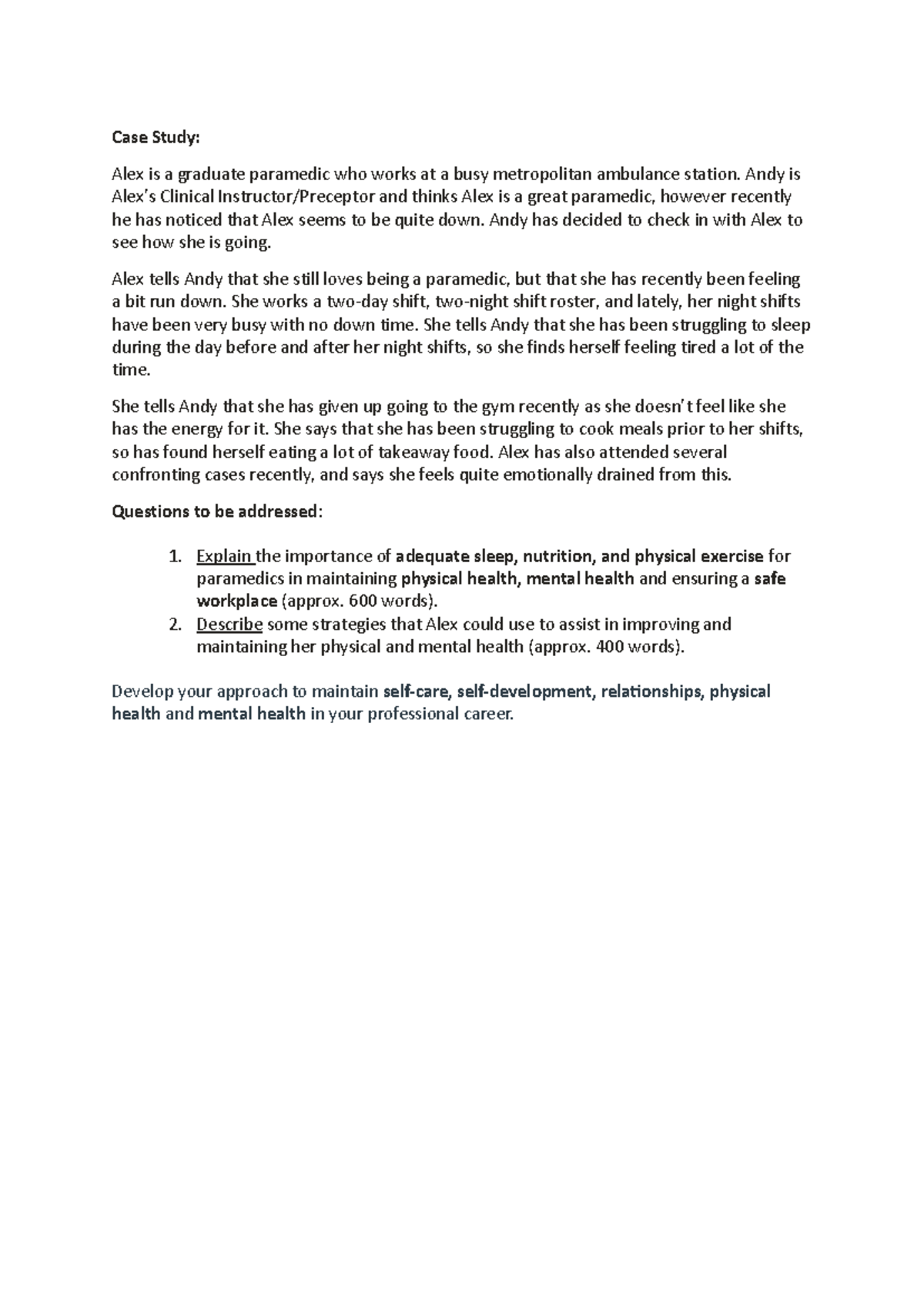 PARA115 - Case Study - Assessment 1: Alex's Wellness Challenges and ...