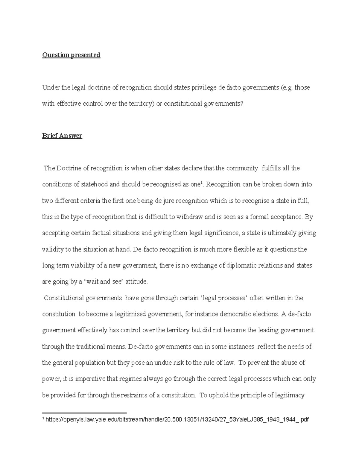 Legal Recognition: Privileging Constitutional Governments Over De Facto ...
