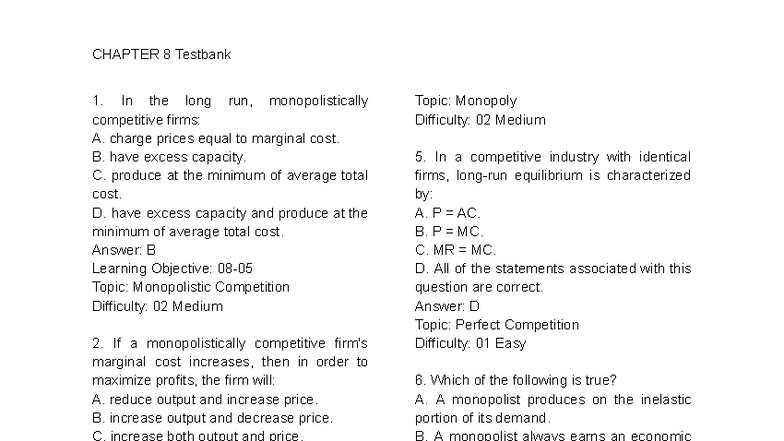 CHAPTER 8 Testbank: Monopolistic Competition & Monopoly Insights - Studocu