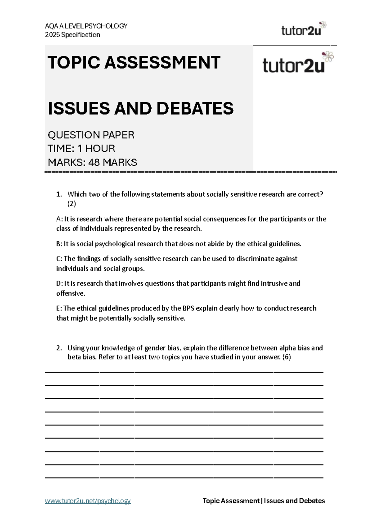 AQA A LEVEL PSYCHOLOGY 2025: Issues & Debates Assessment Paper - Studocu