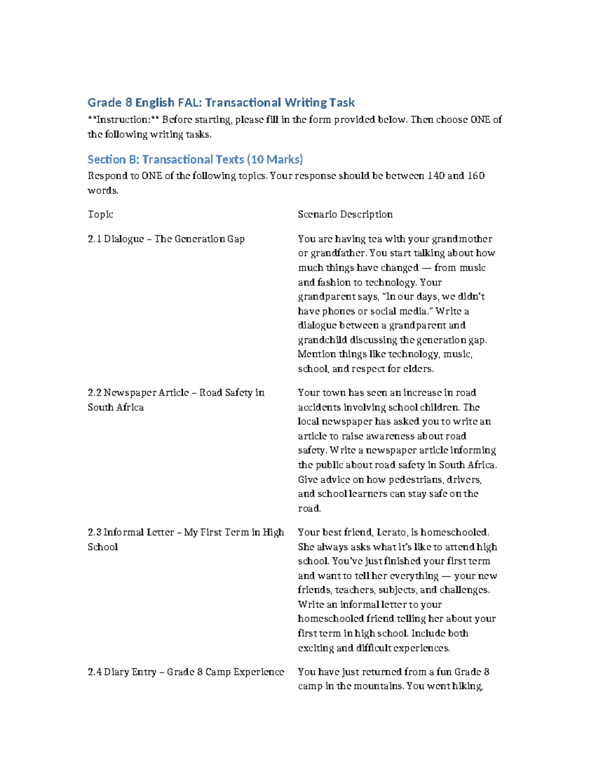 Grade 8 English FAL: Transactional Writing Task Guide - Studocu