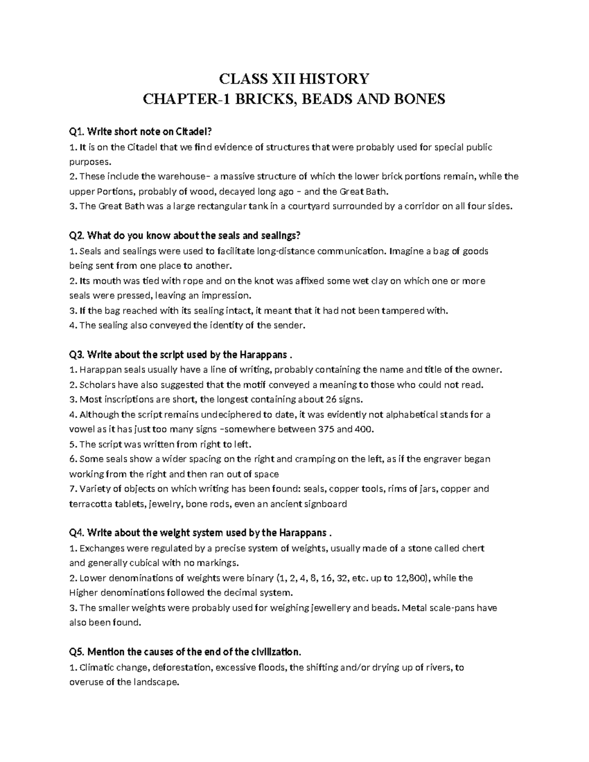 Chapter 1 Q&A: Bricks, Beads & Bones - Class XII History Notes - Studocu