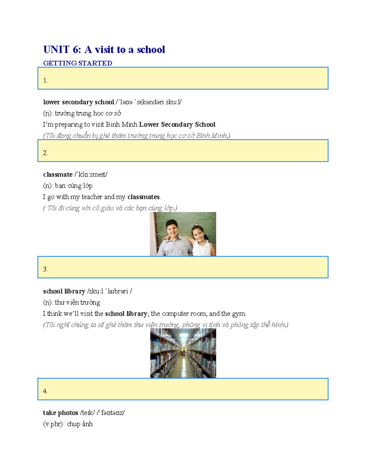 Tiếng Anh 7 - Unit 6: A Visit to a School - Vocabulary and Activities ...