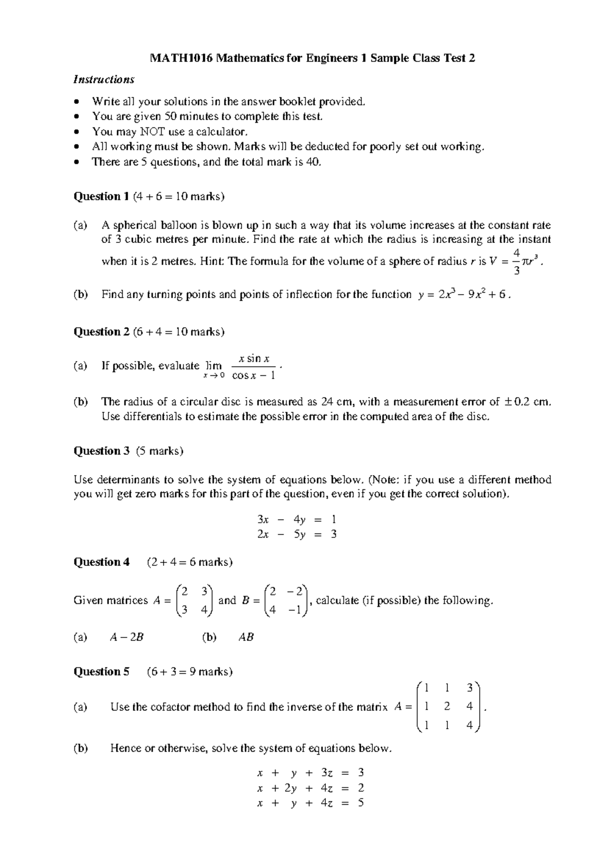MATH1016 Sample Test 2: Mathematics for Engineers 1 Solutions - Studocu