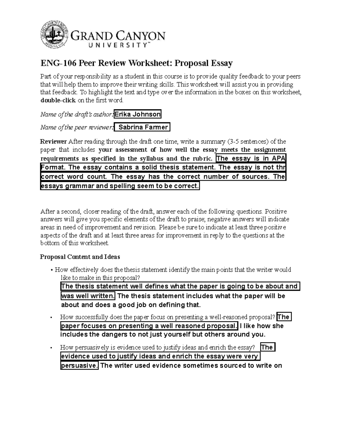 ENG106 Proposal Essay Peer Review Worksheet - Studocu