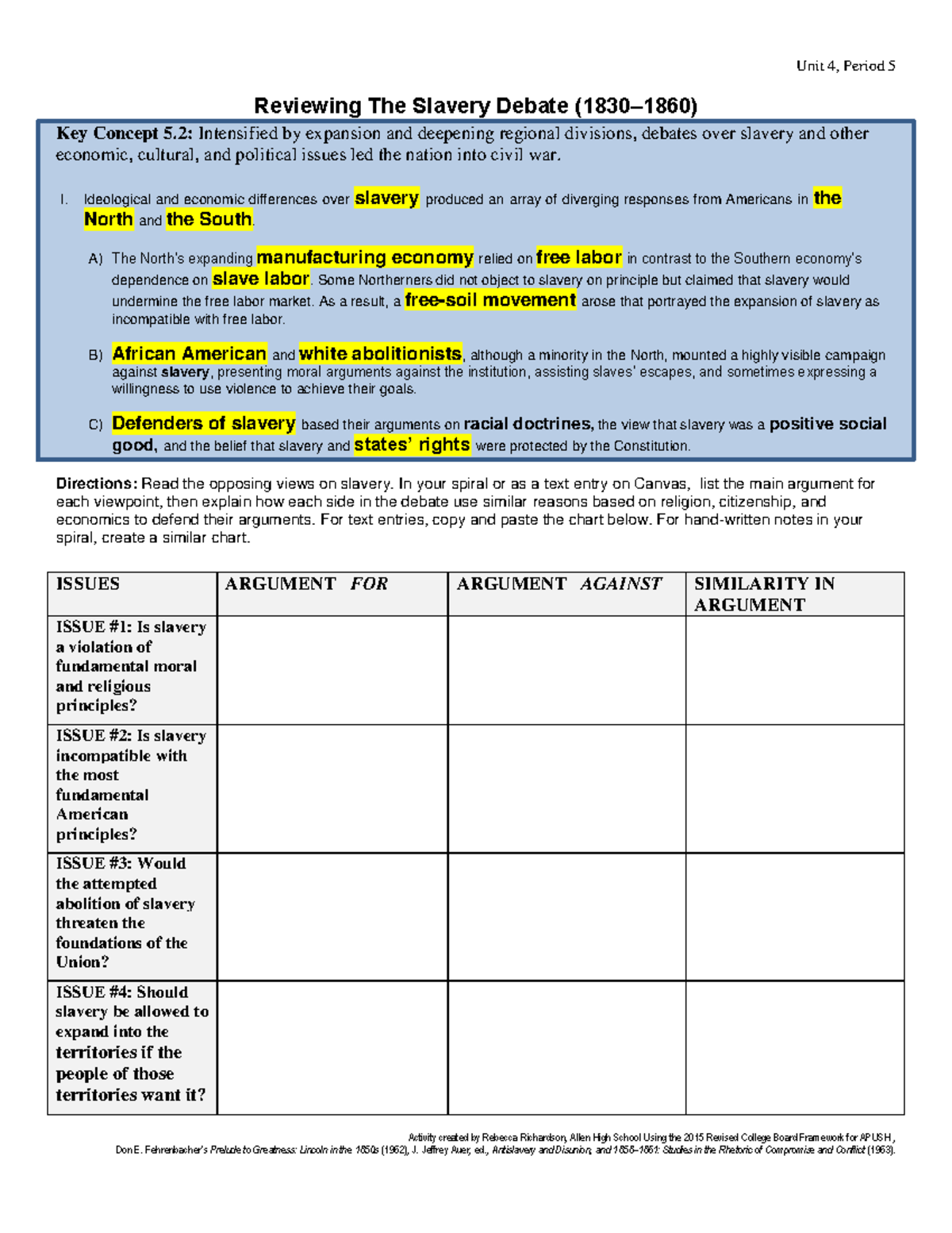 Revising The Slavery Debate Activity for APUSH (Unit 4, Period 5) - Studocu