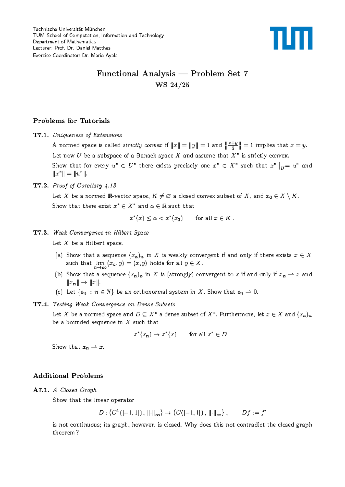 Problem Sheet 7 - Technische Universität München TUM School of ...