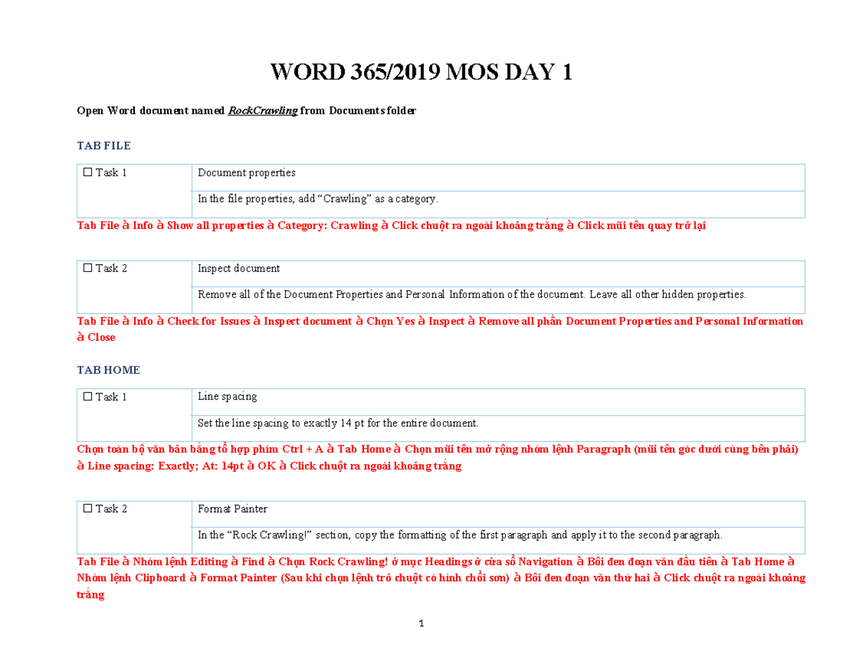 WORD 365/2019 MOS: Day 1 Document & Formatting Tasks Guide - Studocu