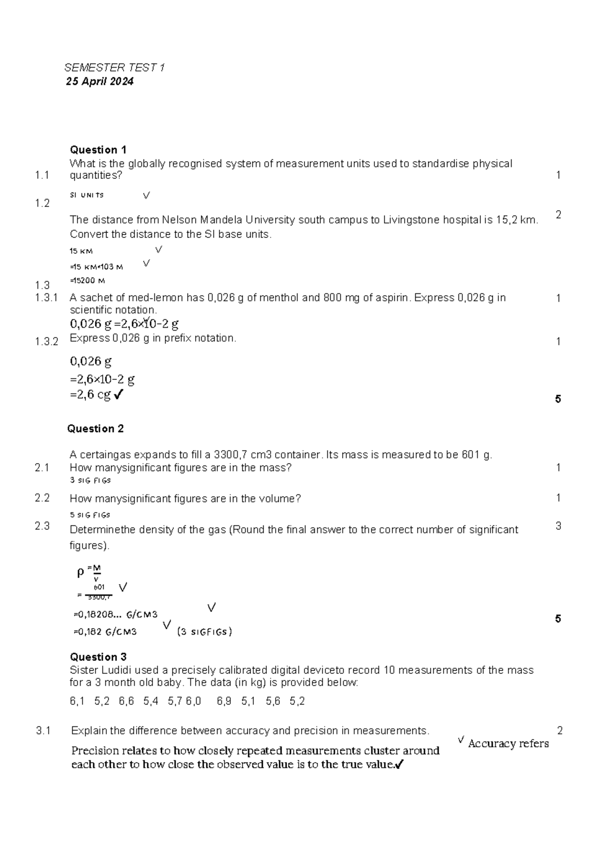 Physics Test 2024 BVCV1X1: Semester Test 1 Questions and Solutions ...