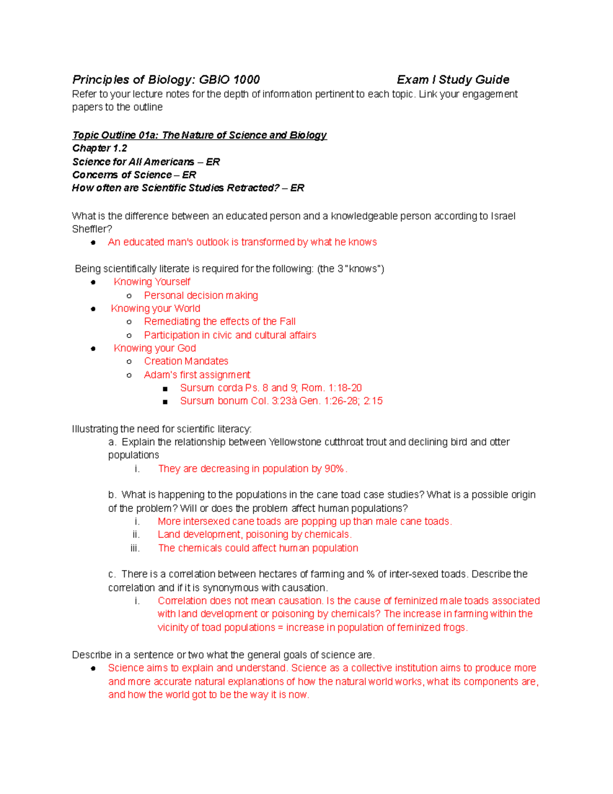 GBIO 1000 Principles of Biology Exam I Comprehensive Study Guide - Studocu