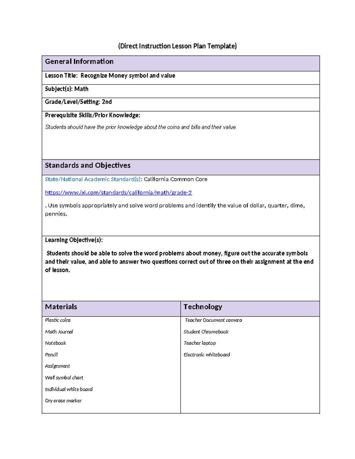Lesson Plan: Recognizing Money Symbols and Values for 2nd Grade Math ...