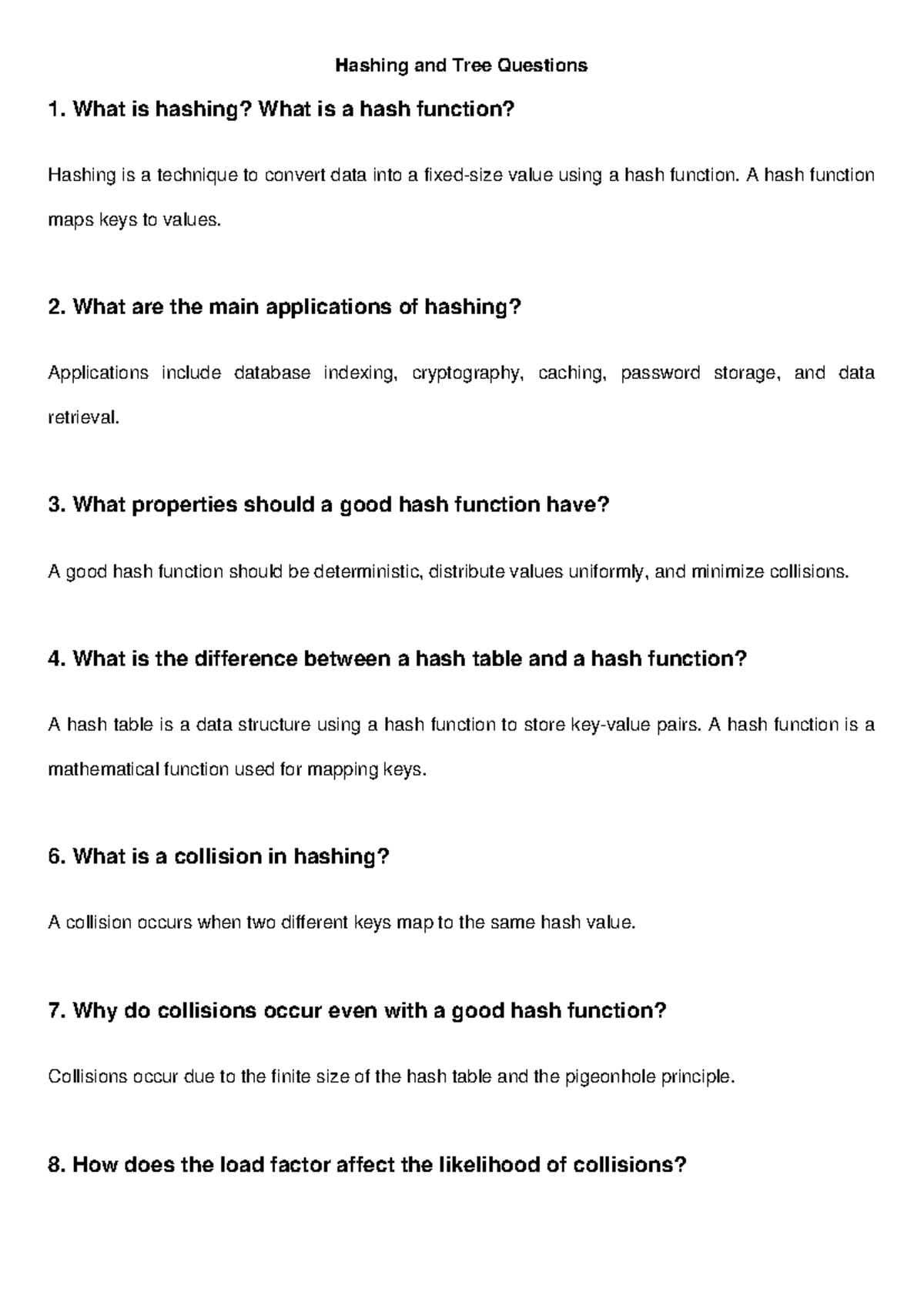 Hashing and Trees Concepts: Questions & Answers Guide - Studocu