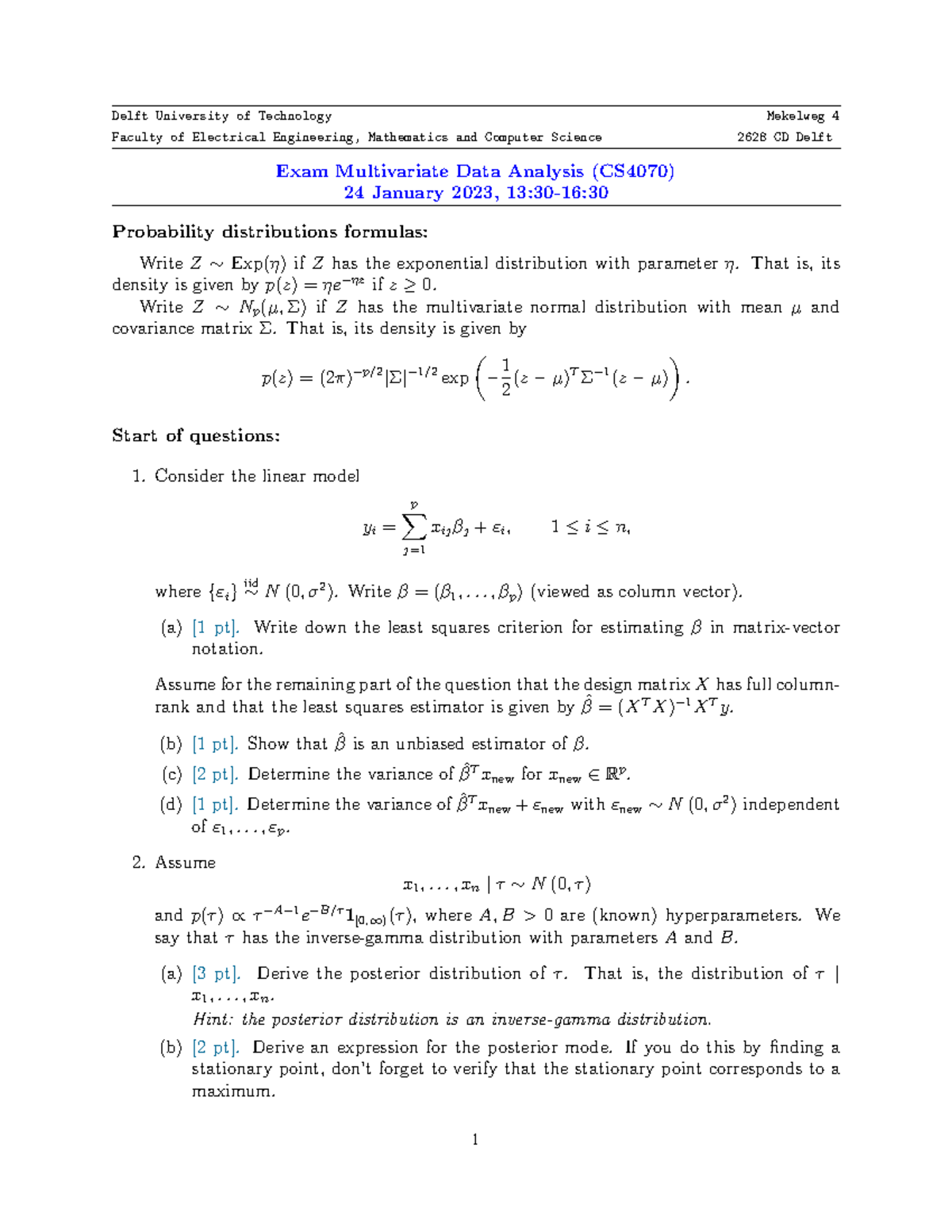 Exam CS4070 - Multivariate Data Analysis with Solutions (Jan 2023 ...