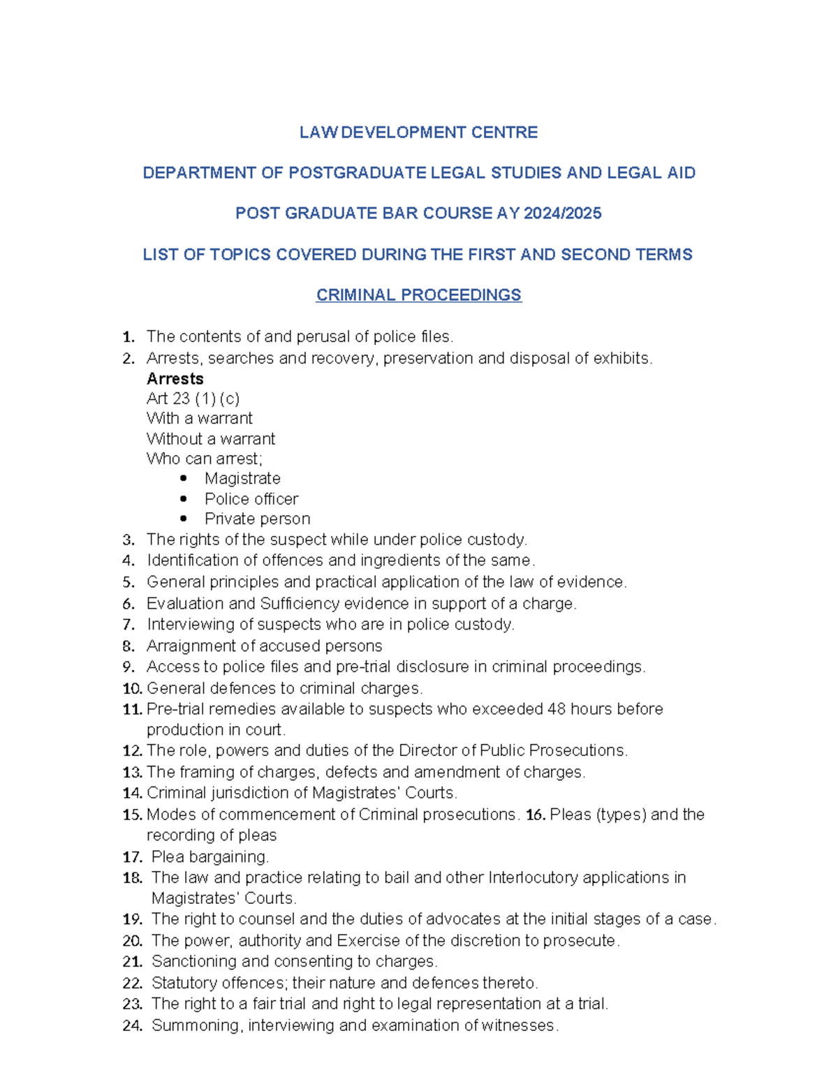 LAW DEVELOPMENT CENTRE PG BAR COURSE: Topics for Oral Exams in Criminal ...