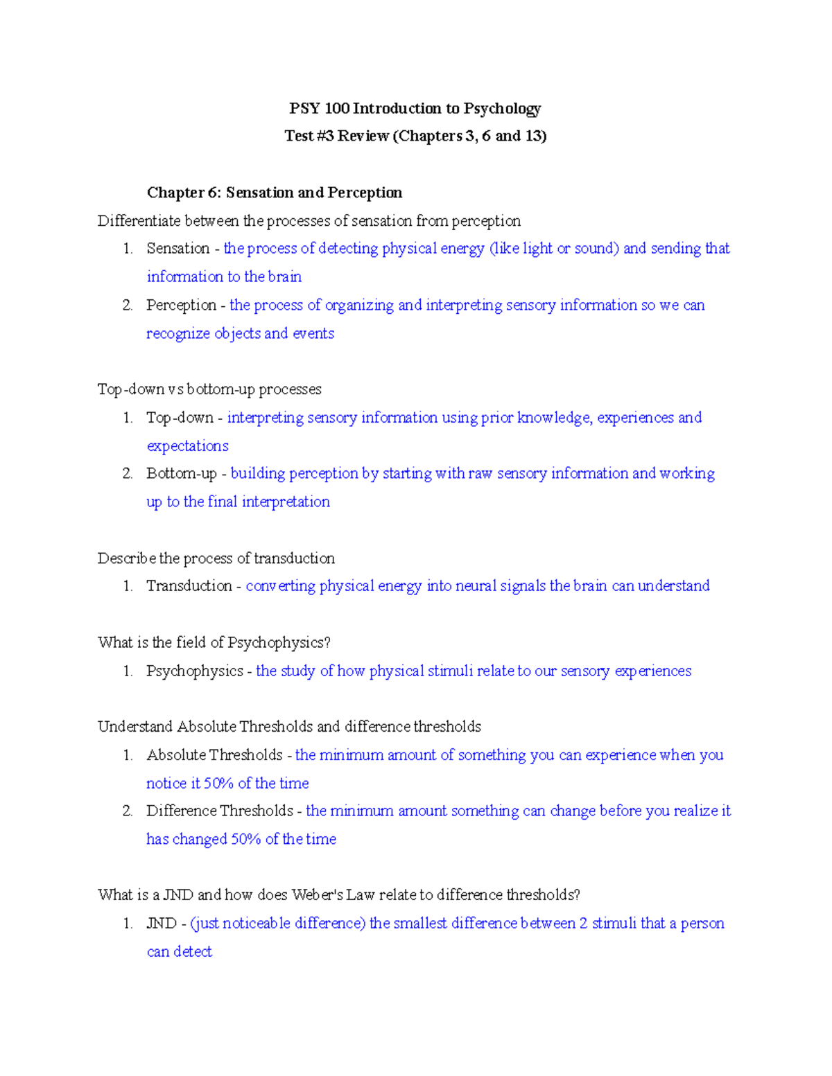 PSY 100 Exam 3 Study Guide: Sensation, Perception, and Consciousness ...