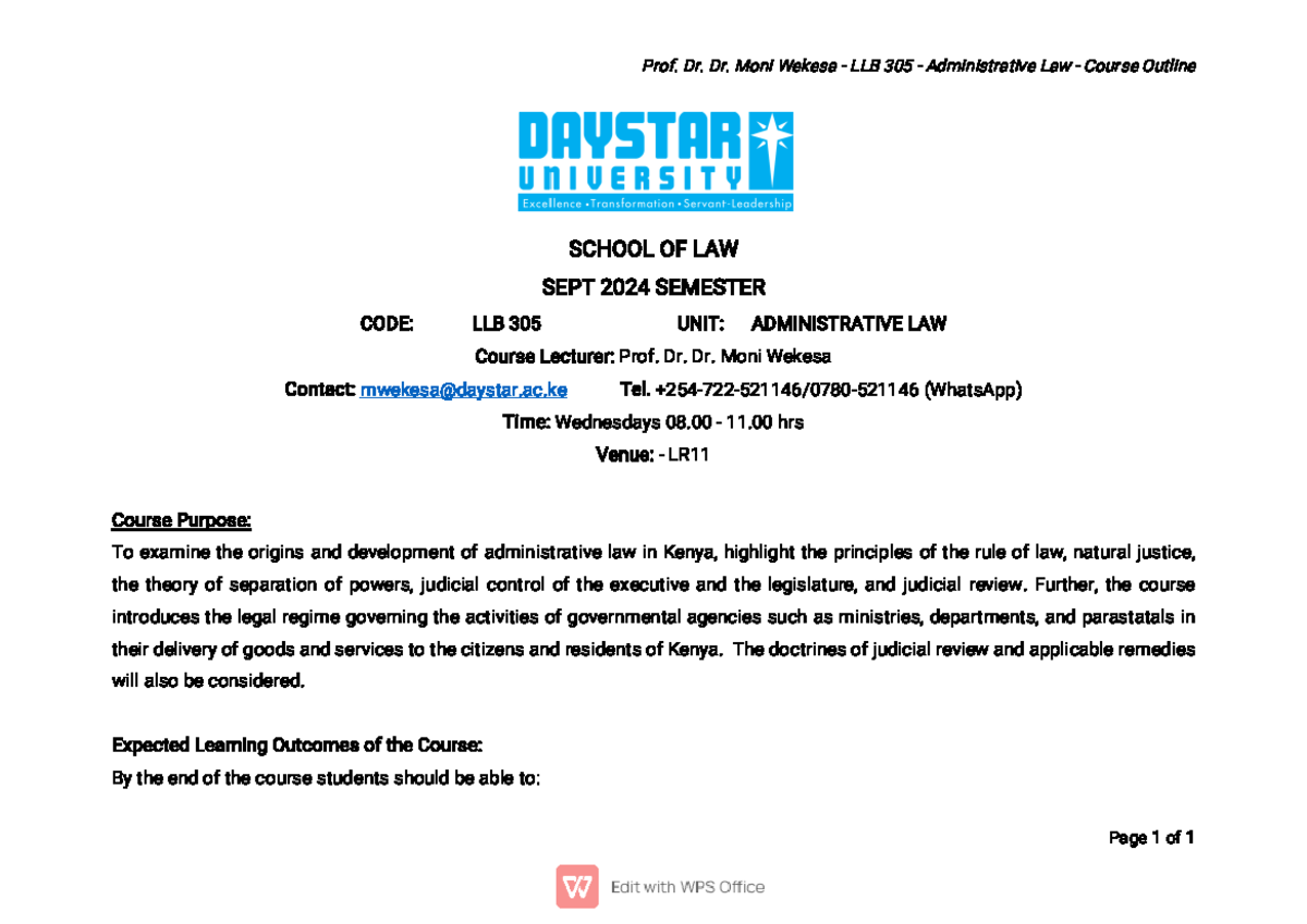 LLB 305-JAN2025- Course Outline - SCHOOL OF LAW SEPT 2024 SEMESTER CODE ...