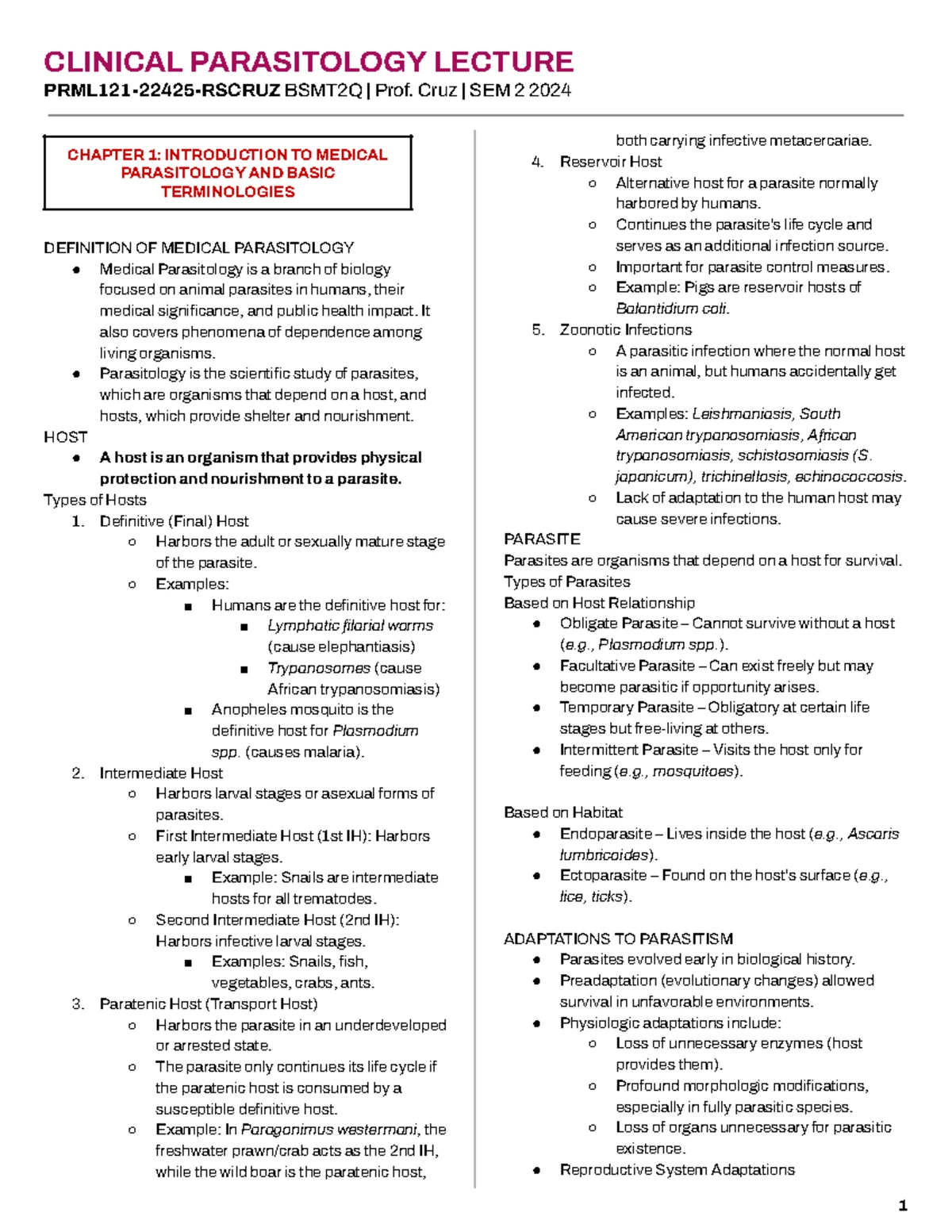 **PRML121-22425-RSCRUZ Clinical Parasitology Lecture Notes - Module 1 ...