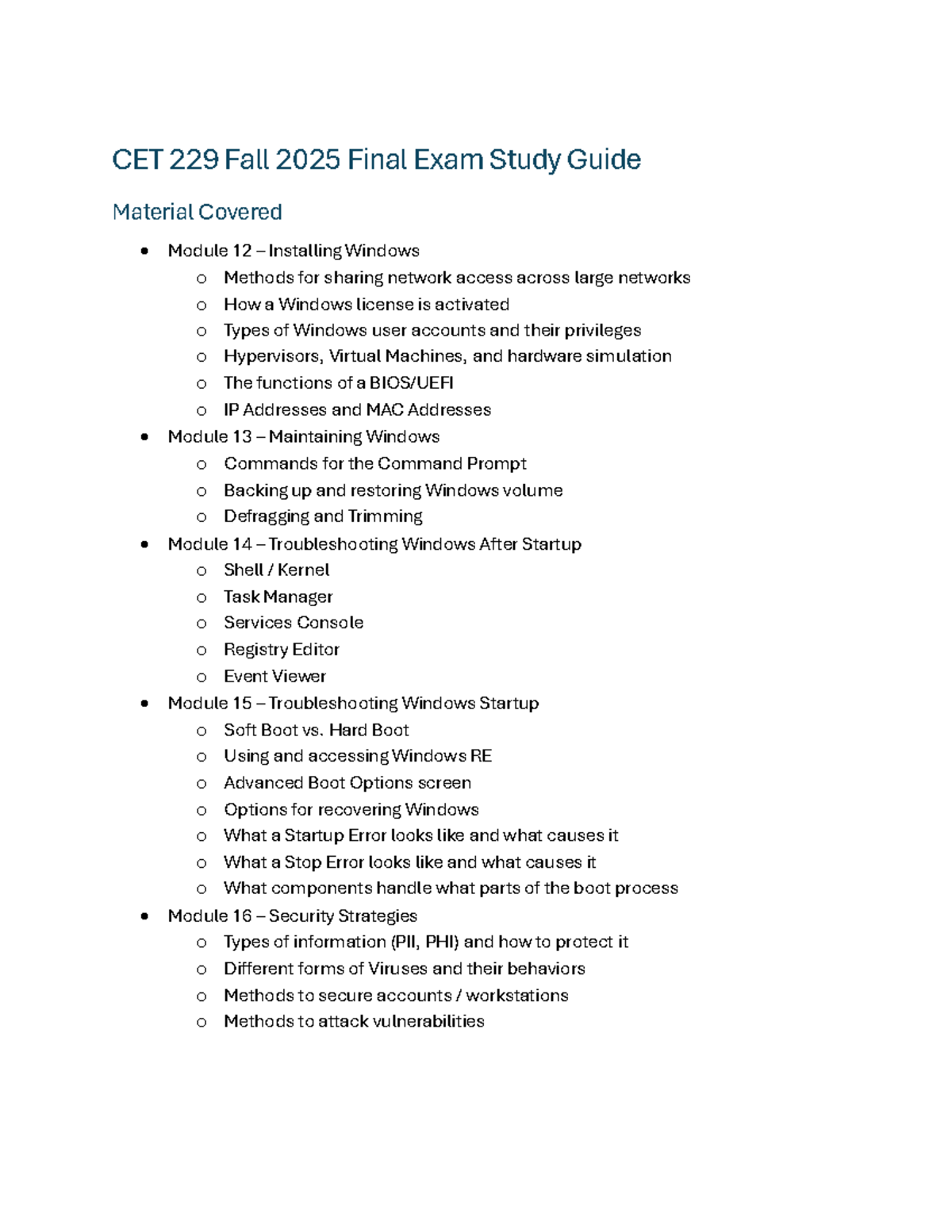 CET 229 Fall 2025 Final Exam Study Guide - Studocu