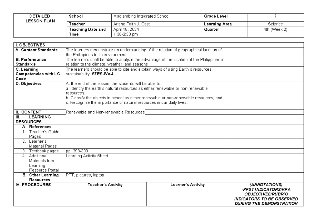 Lesson Plan on Natural Resources for Grade 7 Science (S7ES-IVc) - Studocu