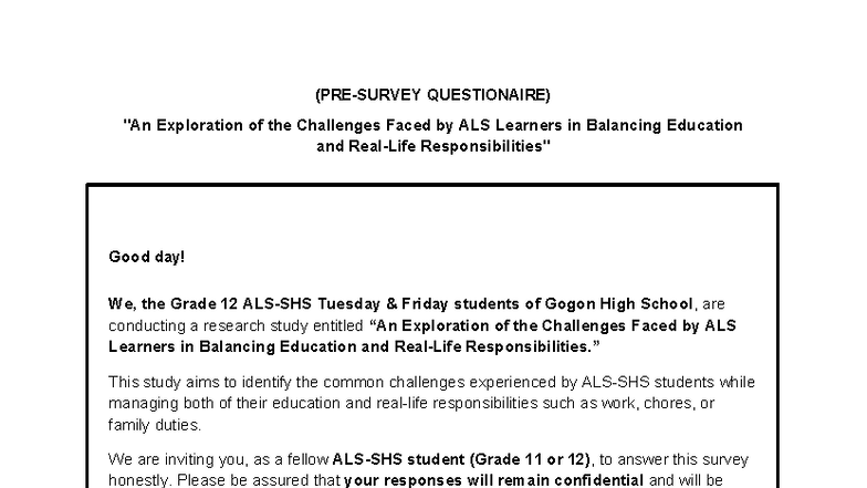(PRE-Survey Questionnaire) Challenges of ALS Learners in Balancing ...