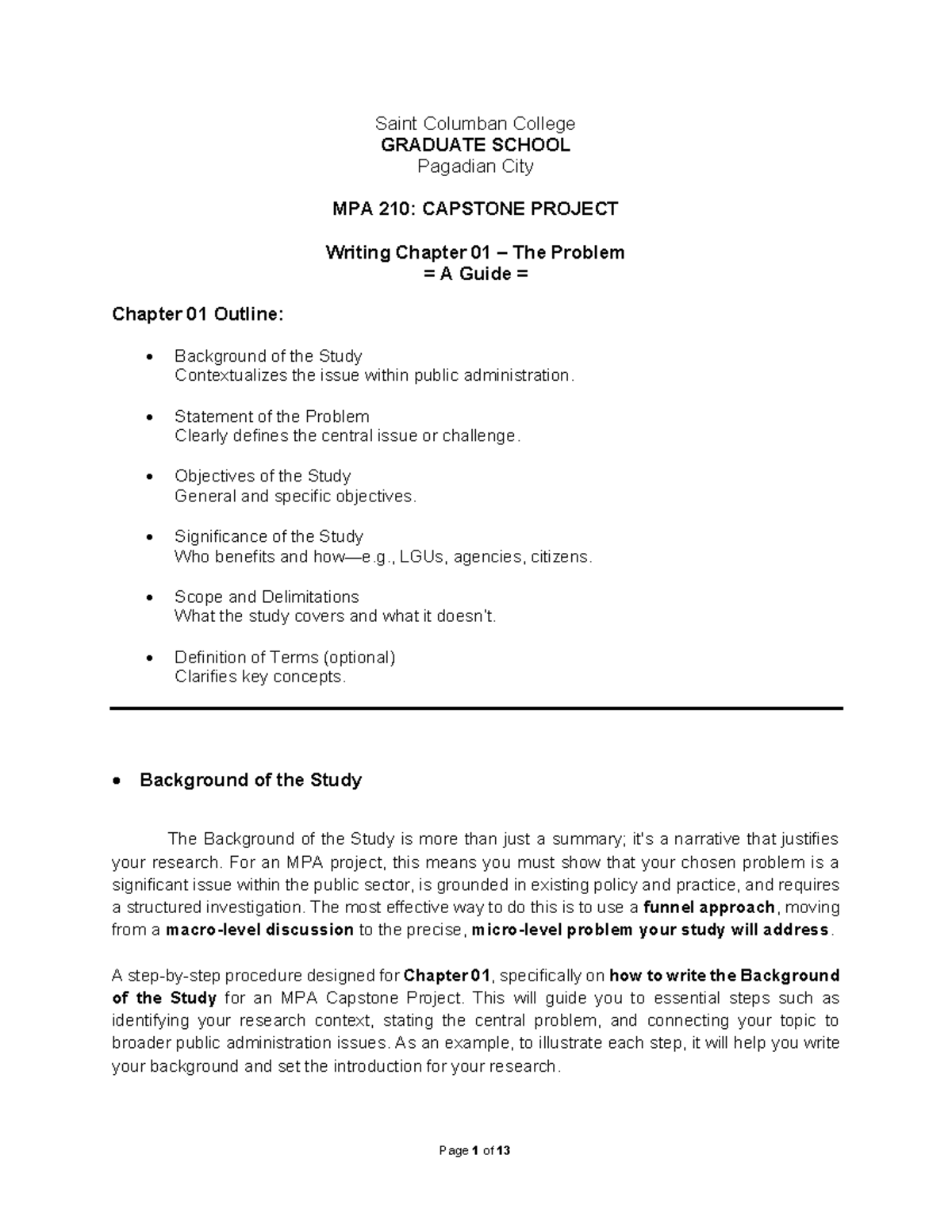 MPA 210: Capstone Project - Writing Chapter 01: The Problem Guide - Studocu