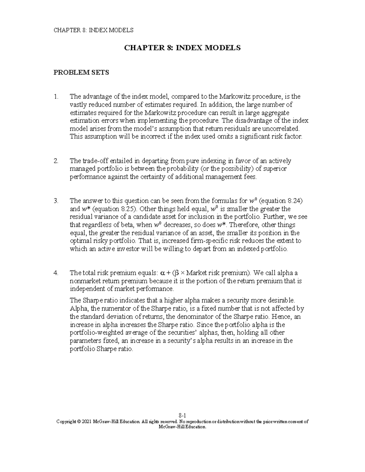 CH08: Index Models Problem Sets and Key Concepts in Investments - Studocu