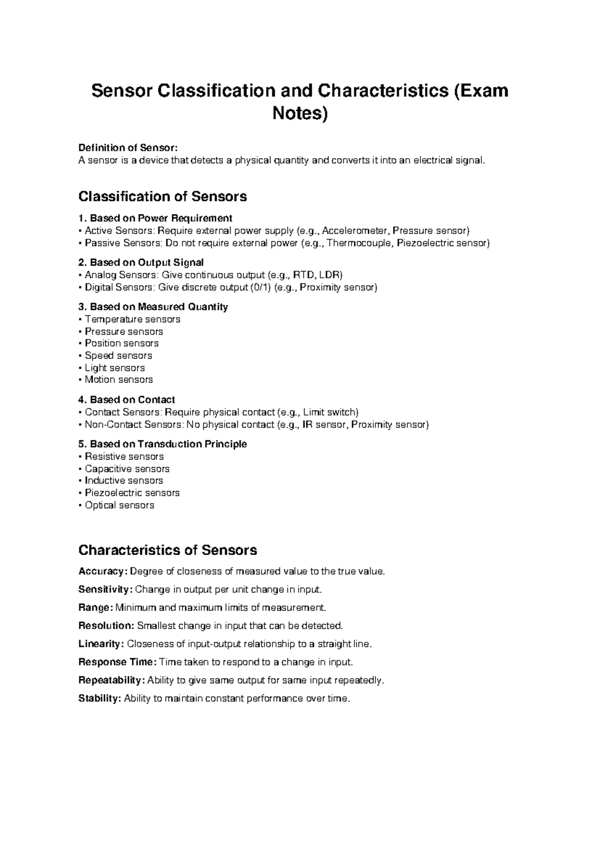 Sensor Classification & Characteristics (Exam Notes) - Studocu