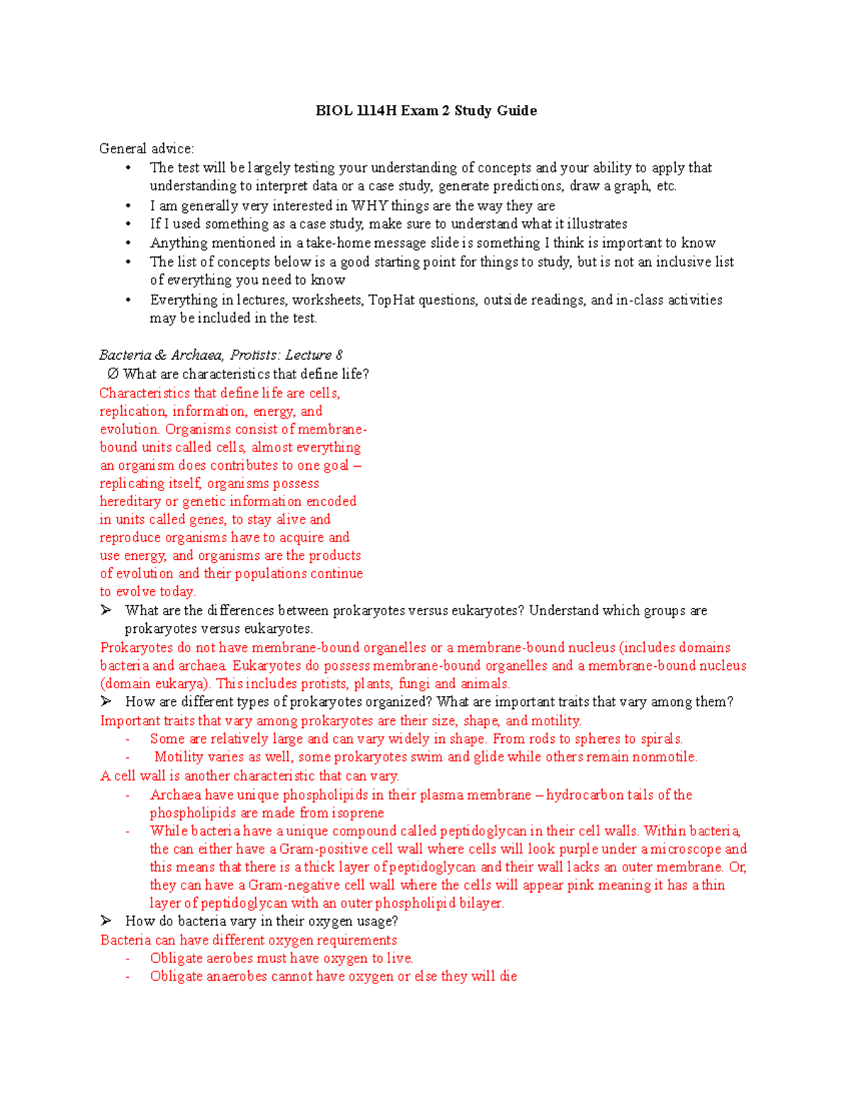 BIOL 1114H Exam 2 Comprehensive Study Guide - Studocu