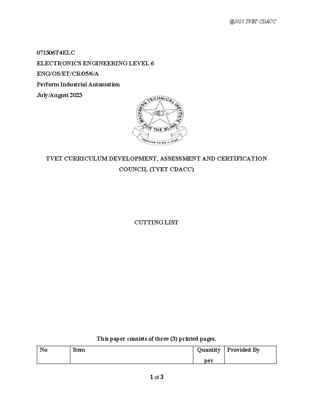 Cutting List Sample for Course 071306T4ELC - Electronics Engineering ...