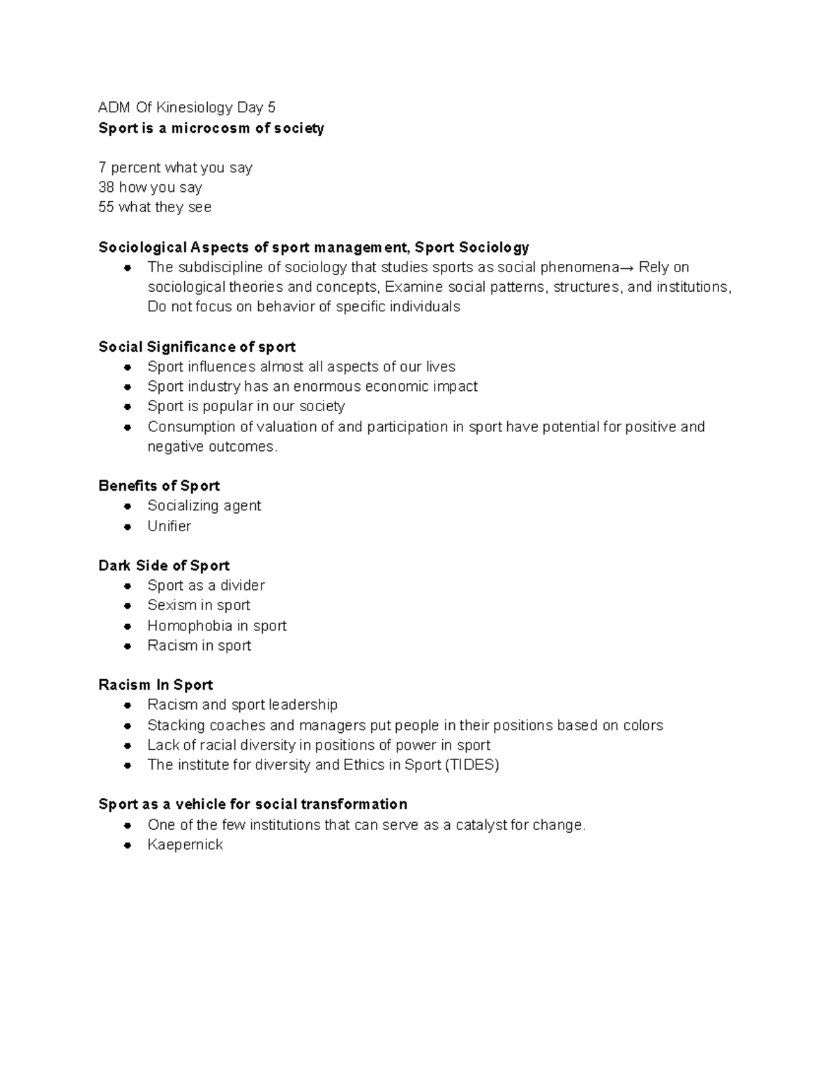 Sociological Aspects of Sport Management - ADM Kinesiology Day 5 - Studocu